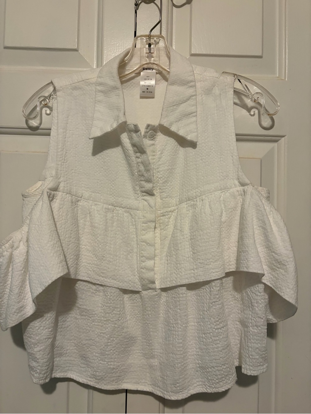 Esley White Cold-Shoulder Ruffle Button-Up Blouse